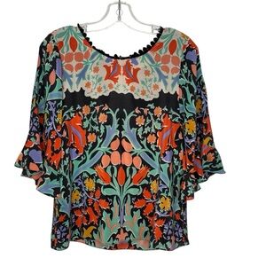 Maeve Multicolor Silk Floral Blouse with Black embroidered edging size 8